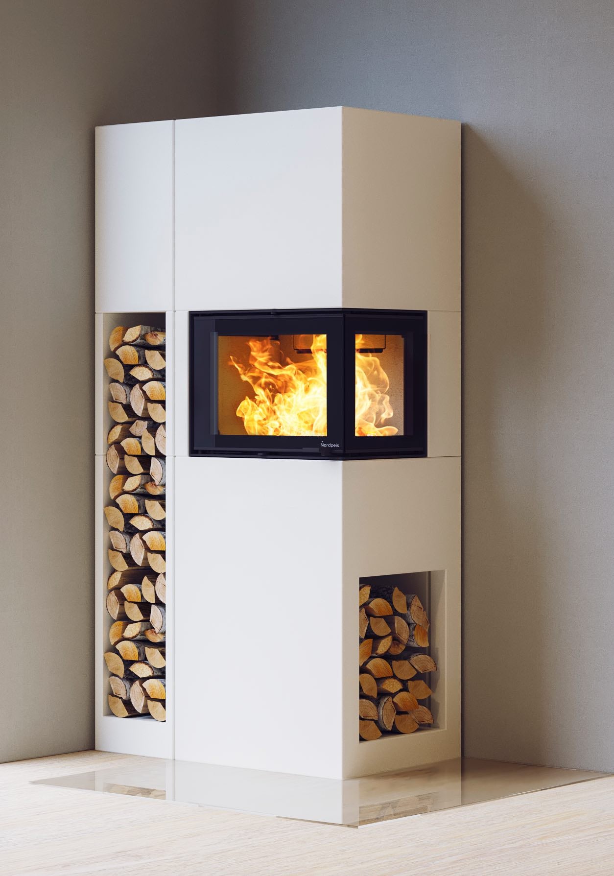 Nordpeis Heizkamin Pisa mit Holzlagerfach - Komplett-Angebot