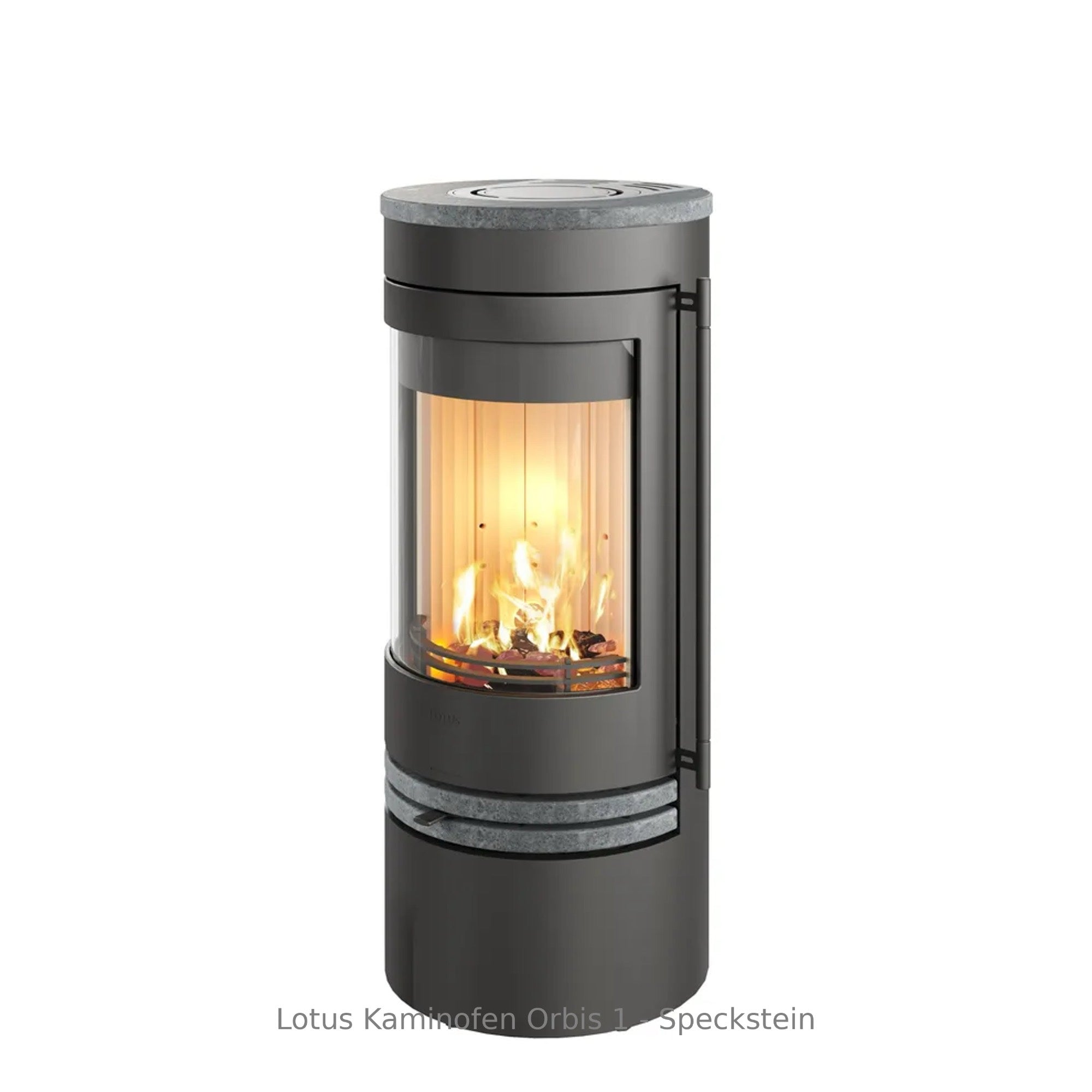 Lotus Kaminofen Orbis 1 mit Specksteinverkleidung für langanhaltende Wärmespeicherung und elegantes Design.“