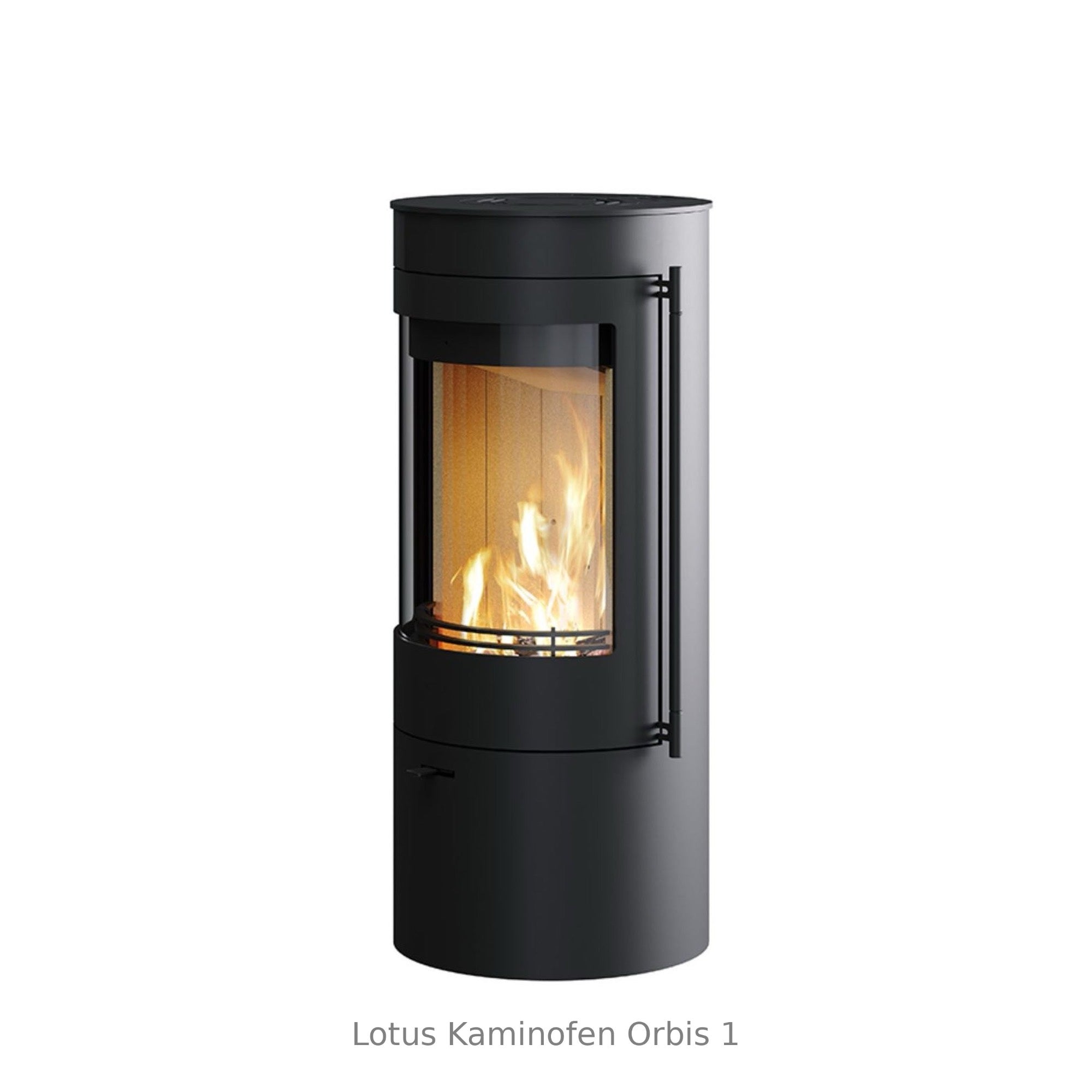 Lotus Kaminofen Orbis 1 aus schwarzem Stahl mit großer Feuerscheibe und elegantem Griff, platzsparend und leistungsstark.