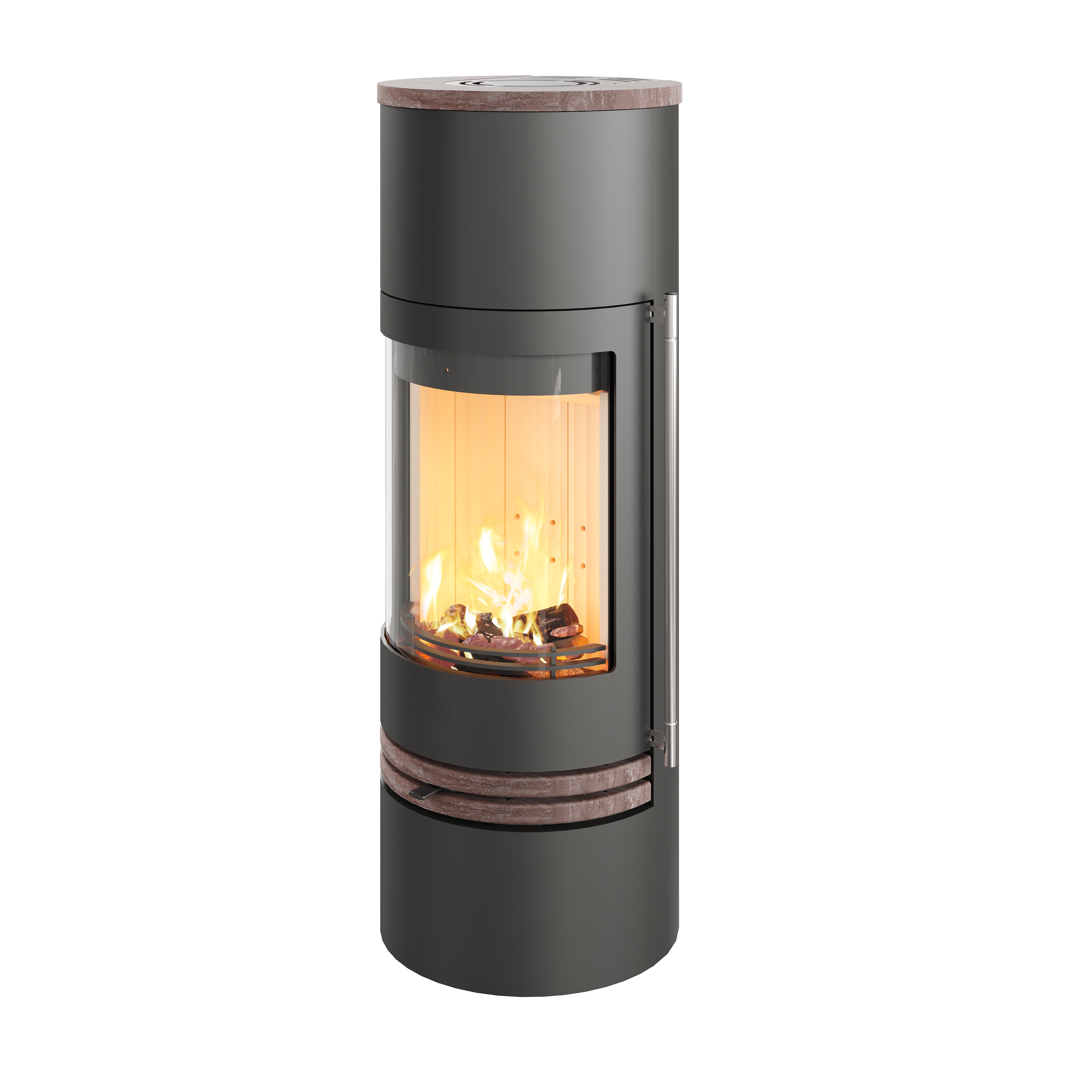 Lotus Kaminofen Orbis 2 in Coffee Stone-Ausführung mit elegantem braunem Steinelement, runder Form und großer Feuerscheibe für effiziente Heizleistung
