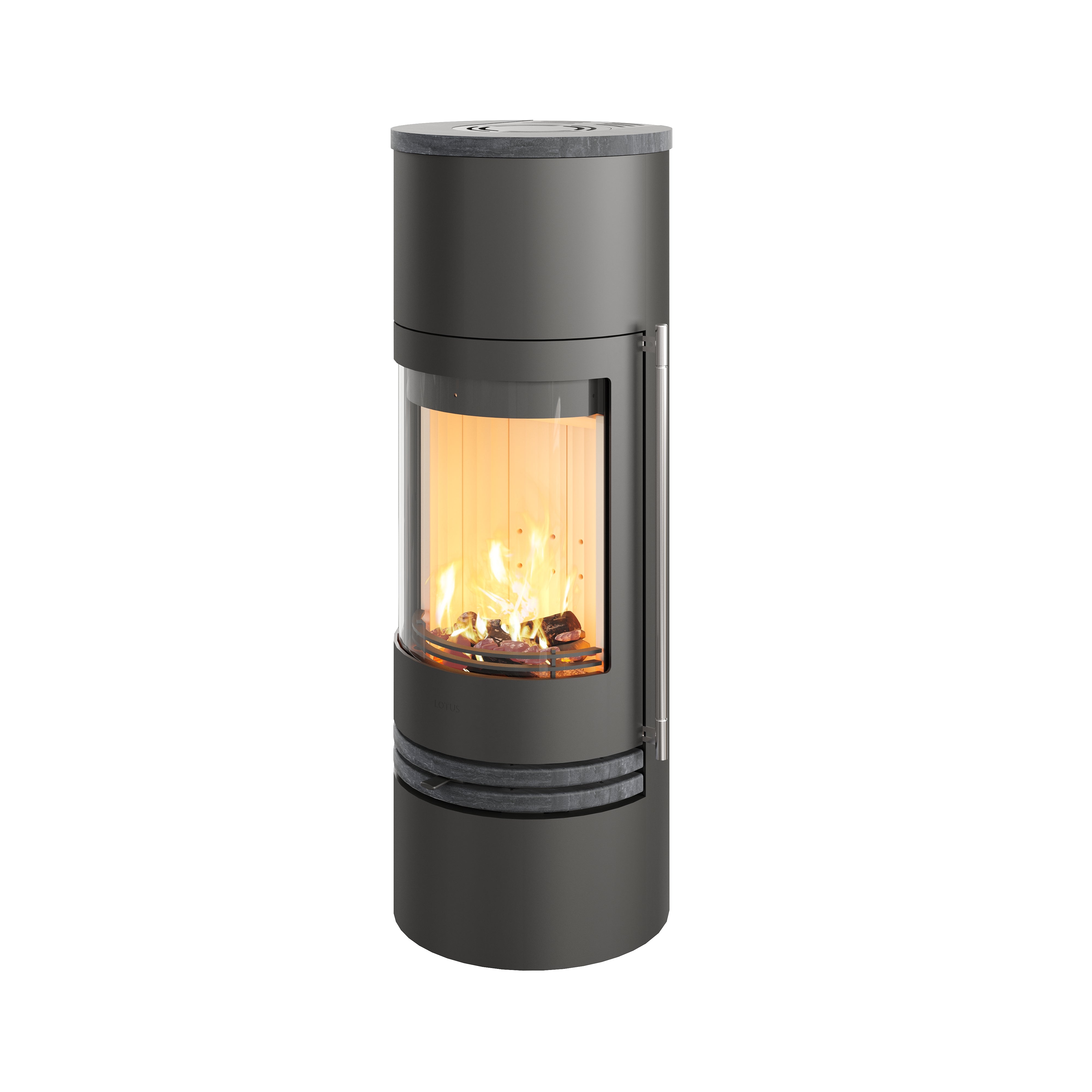 Lotus Kaminofen Orbis 2 mit hellgrauem Speckstein-Zierelement, runder Silhouette und ergonomischem Griff für langanhaltende Wärme und modische Eleganz