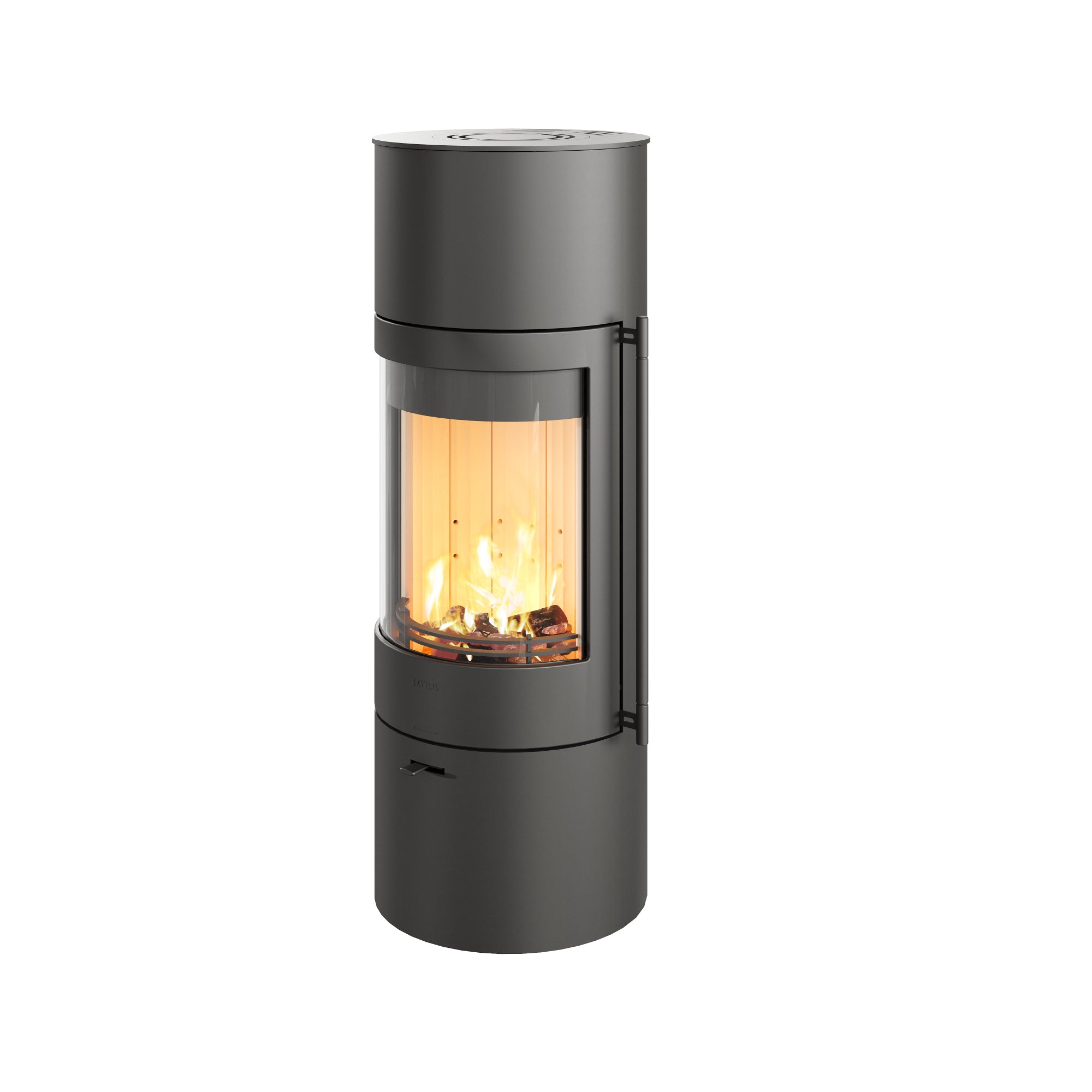 Lotus Kaminofen Orbis 2 in klassischer Stahlvariante, schwarzes Design mit großer Glasfront für maximale Feuersicht und optimale Heizleistung.”