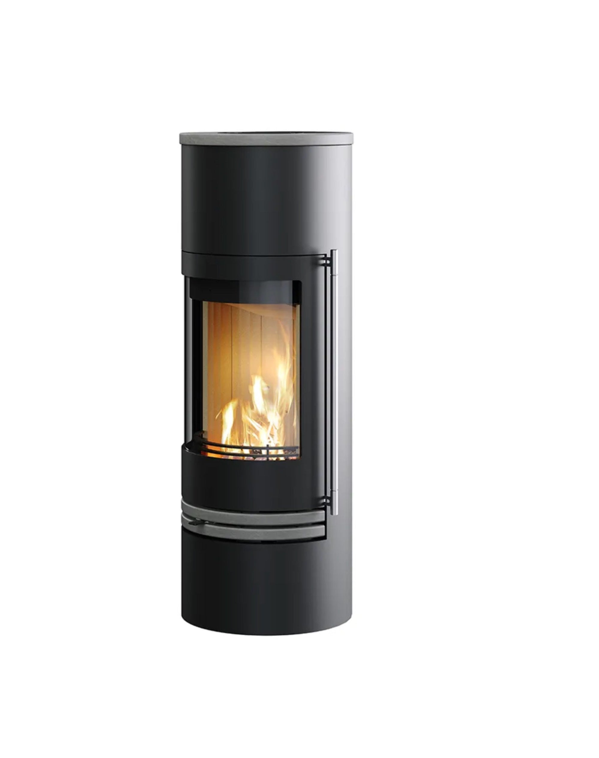 Lotus Kaminofen Orbis 2 mit hellgrauem Speckstein-Zierelement, runder Silhouette und ergonomischem Griff für langanhaltende Wärme und modische Eleganz.